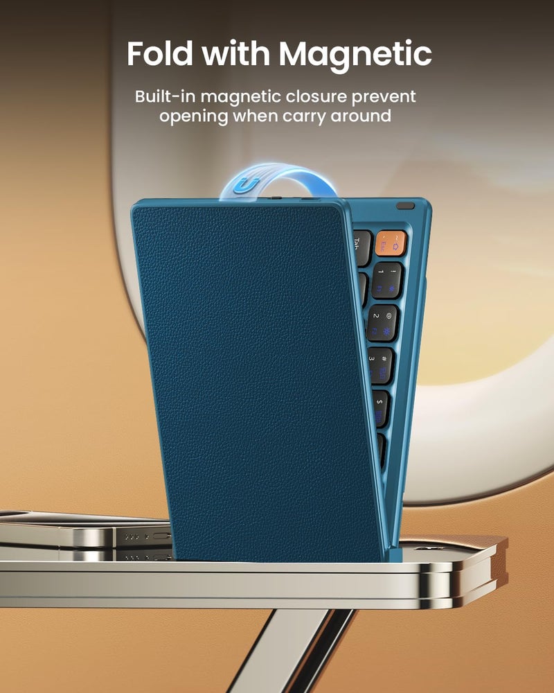 ProtoArc Foldable Compact Keyboard, XK04 Portable Bluetooth Keyboard with PU Leather Cover, Pocket-Sized Wireless Travel Keyboards for iPad, iPhone, Smartphone, Tablet and Laptop - Blue - Image 3